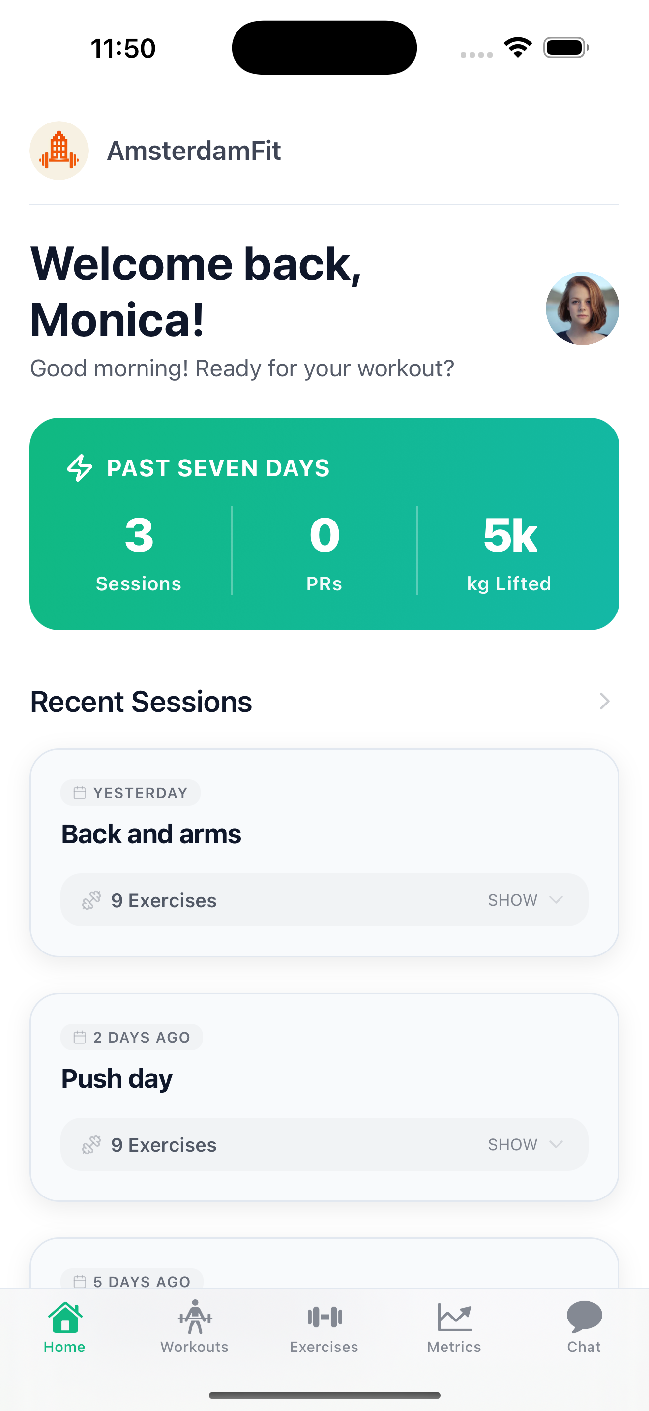 Burnbe mobile app showing workout tracking, progress monitoring, and client features