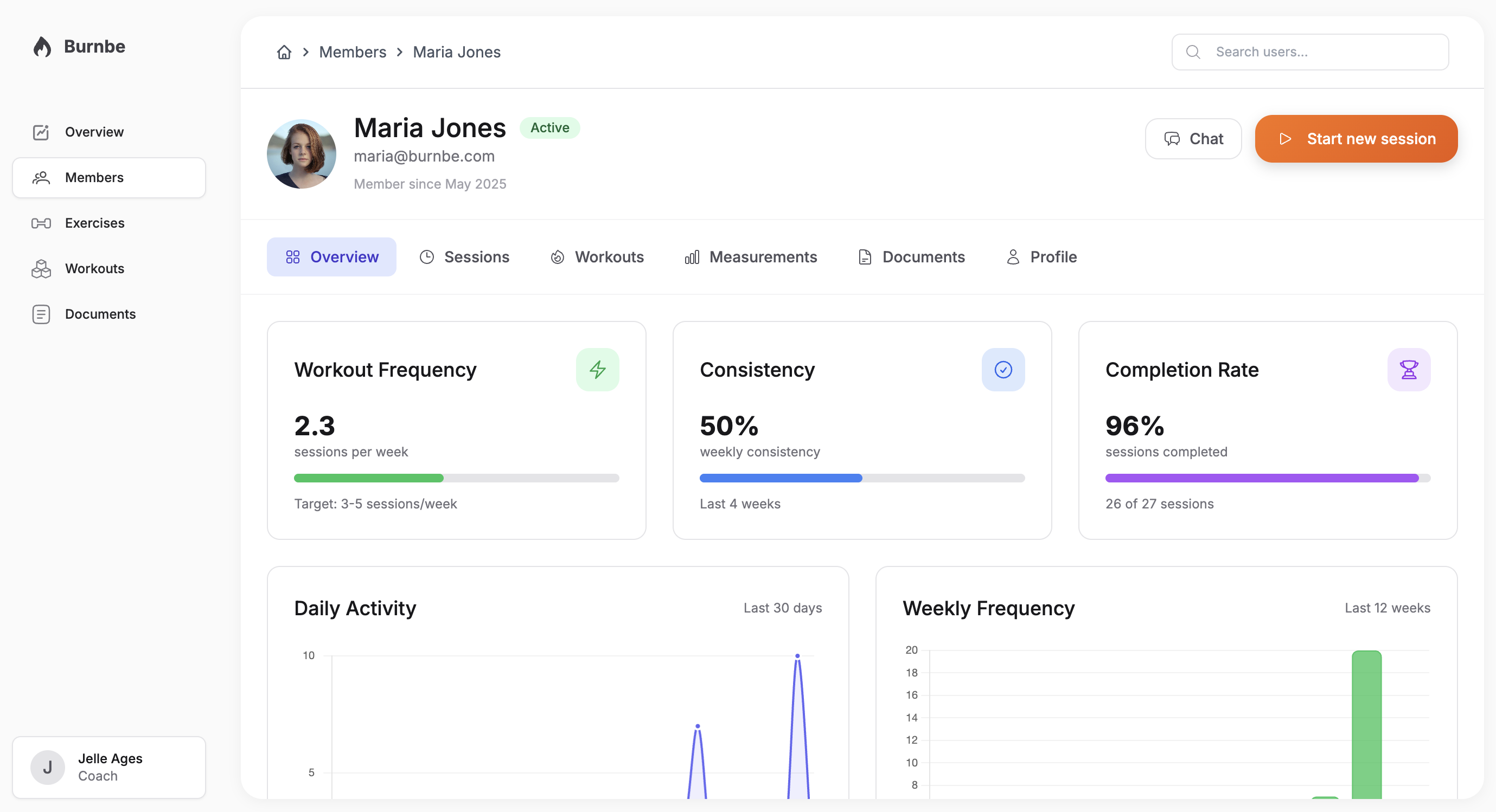 Burnbe Dashboard - Client management and workout tracking interface